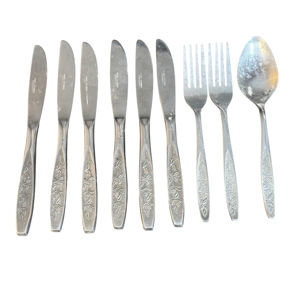Customcraft Stainless Taiwan Flatware Silverware Textured Rose MCM 9 Pieces